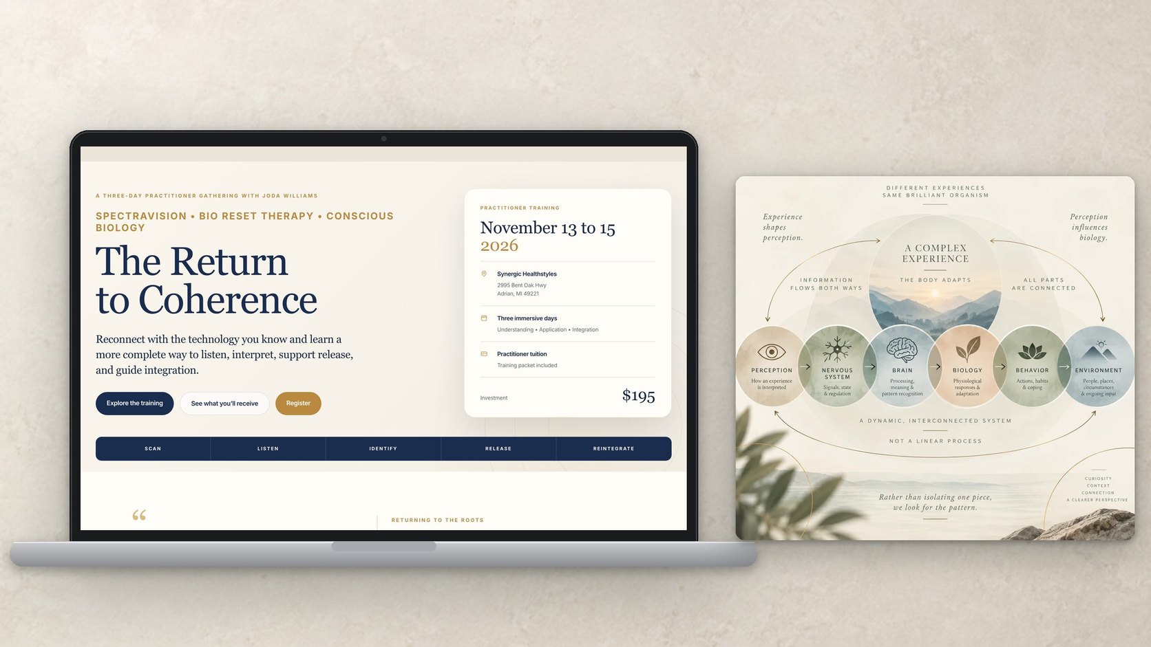 Return to Coherence: a practitioner's rebuilt event page shown on a laptop
