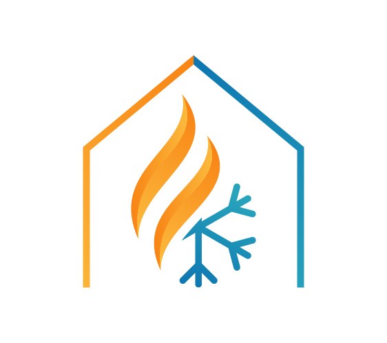The symbol alone: an orange and blue house outline around an orange flame and a blue snowflake