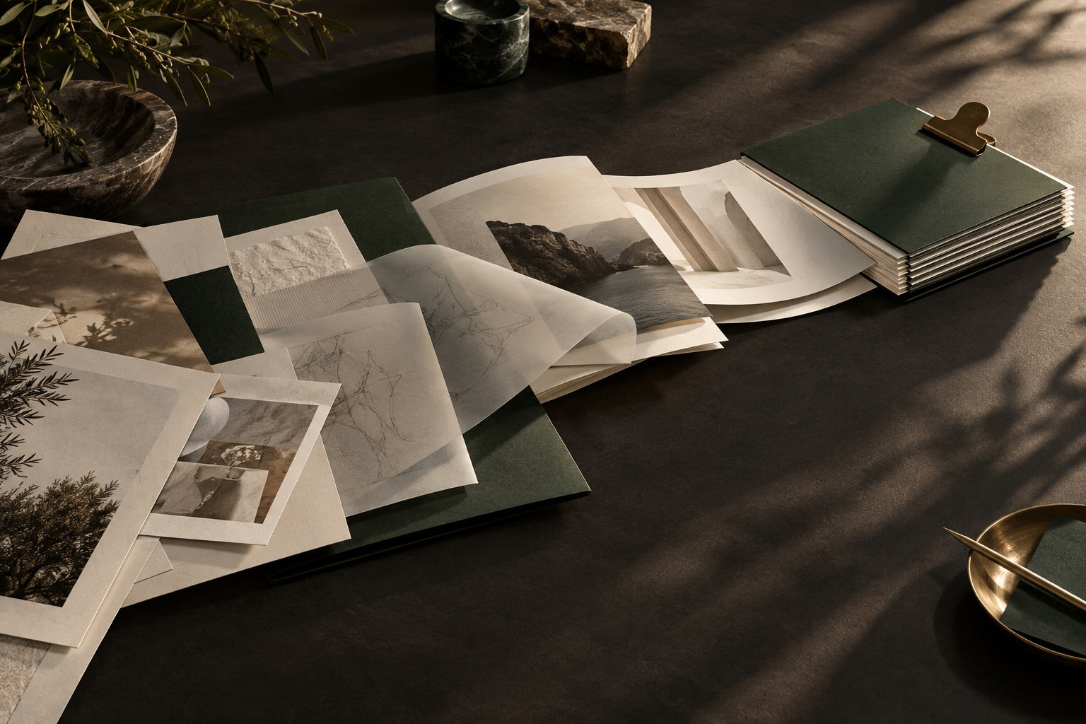 Editorial illustration of loose creative work flowing into a finished forest-green folio