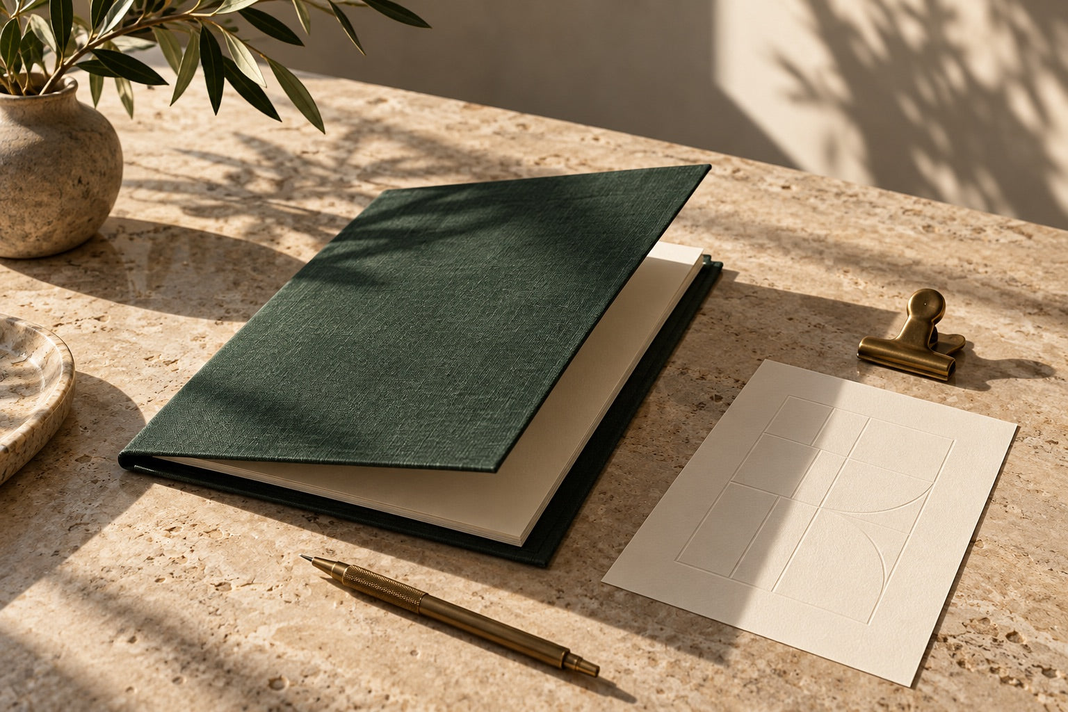 A finished folio in morning light, an editorial illustration of work ready for review