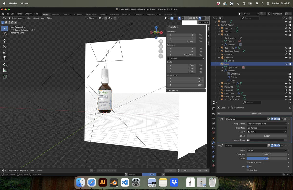 The full scene, with the modifier stack that drives the label