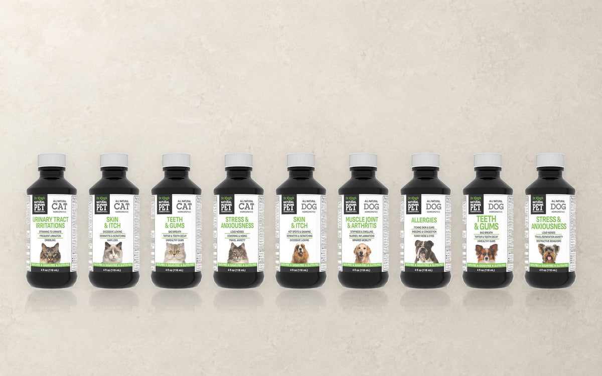 All nine V2 bottles: four for cats, five for dogs