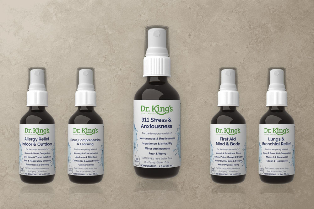 King Bio Product Renders: 911 Stress and Anxiousness bottle render with other Dr. King’s sprays