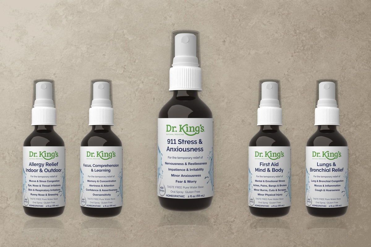 King Bio Product Renders: 911 Stress and Anxiousness bottle render with other Dr. King’s sprays