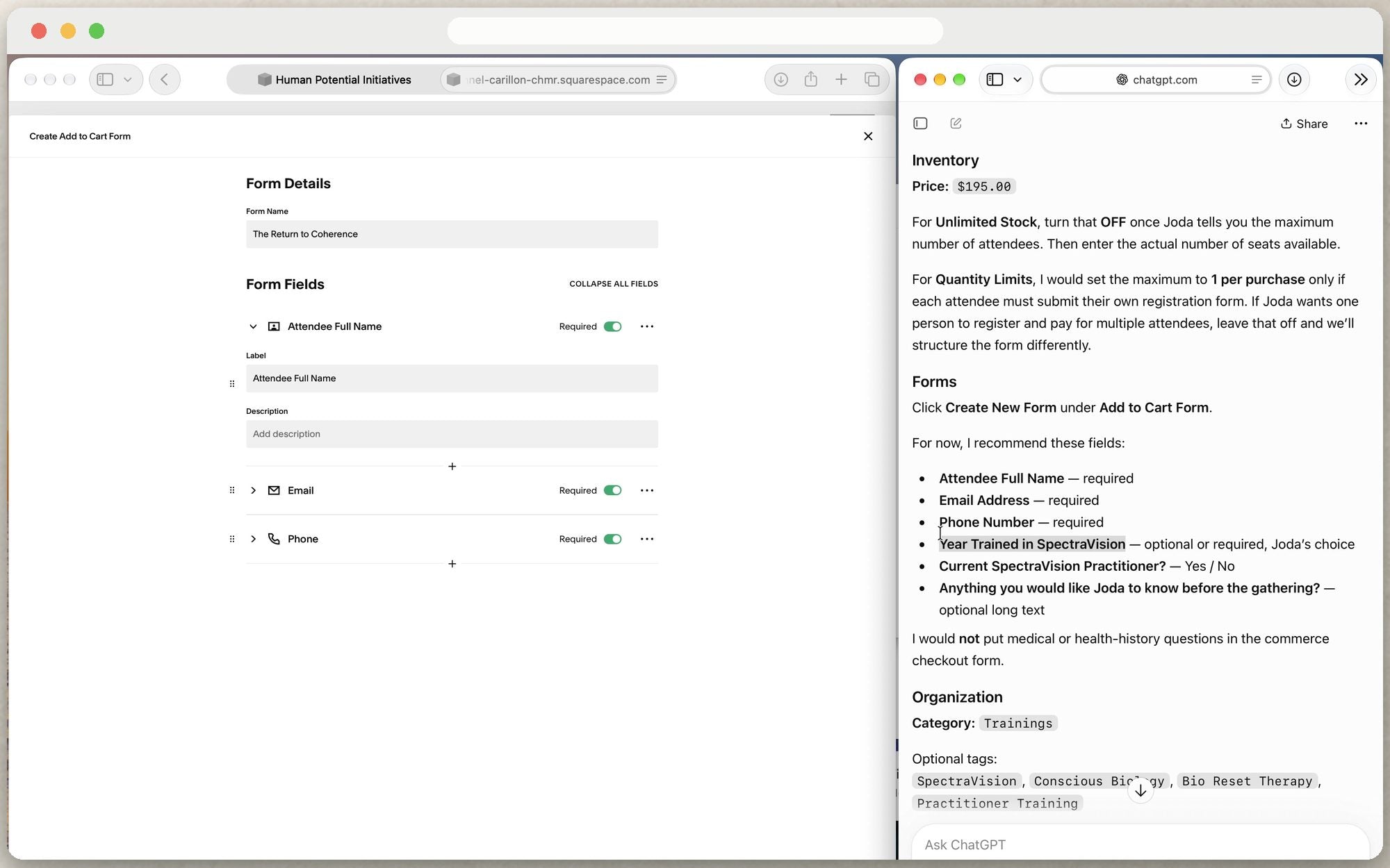The checkout form being built, beside the reasoning for each field