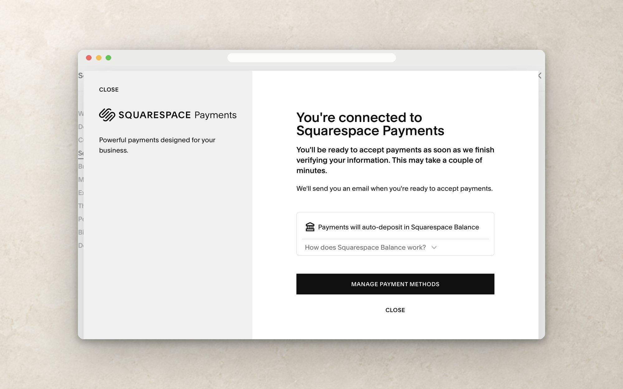 The account confirming it is connected to Squarespace Payments