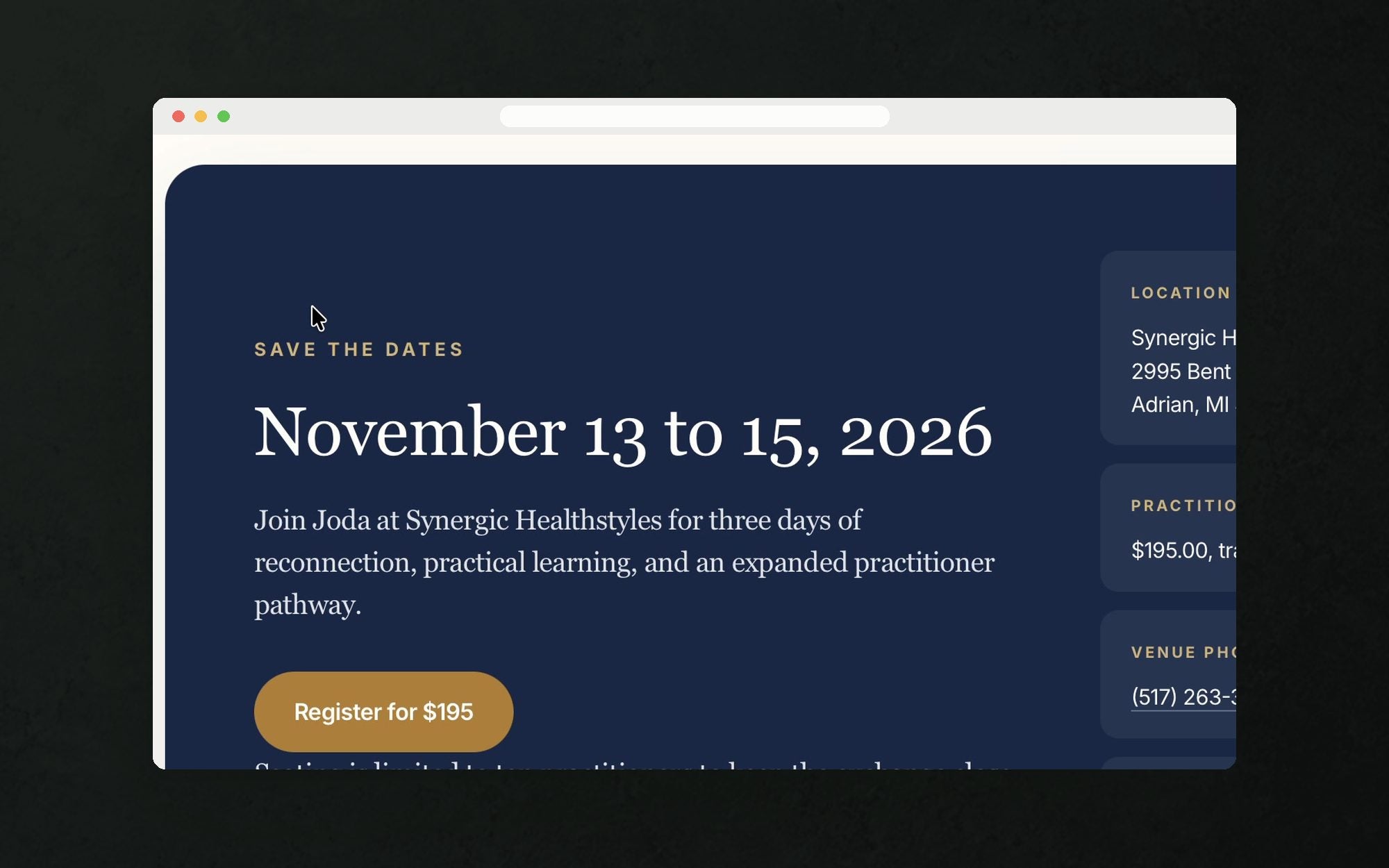The Register for $195 button on the training page, pointed at the live product