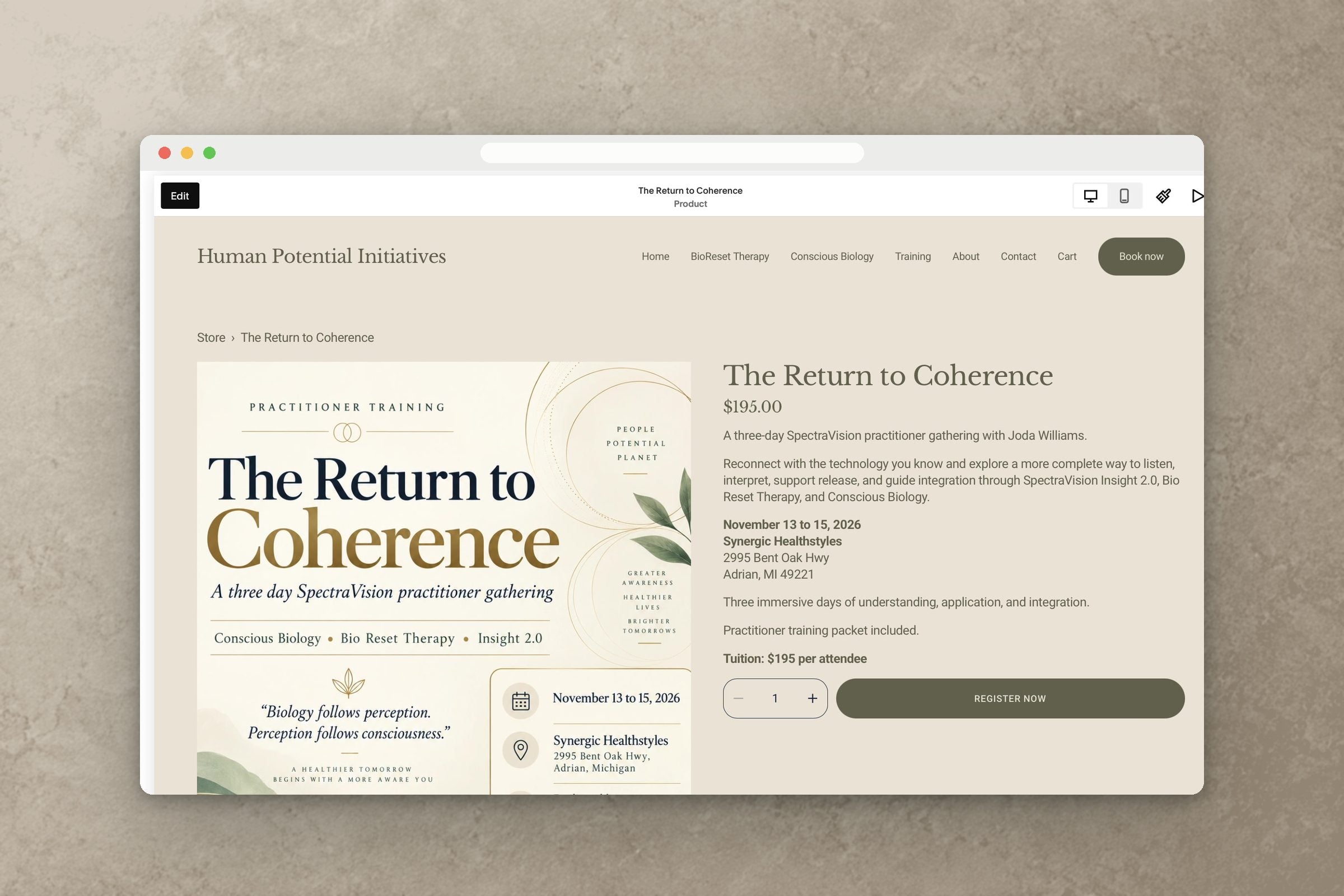 The Return to Coherence registration product at $195, built during the session