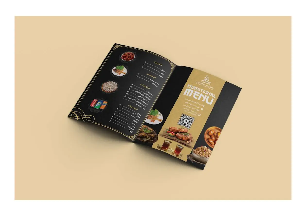 Restaurant menu design with elegant gold and black layout featuring dishes, QR code, and print-ready format.