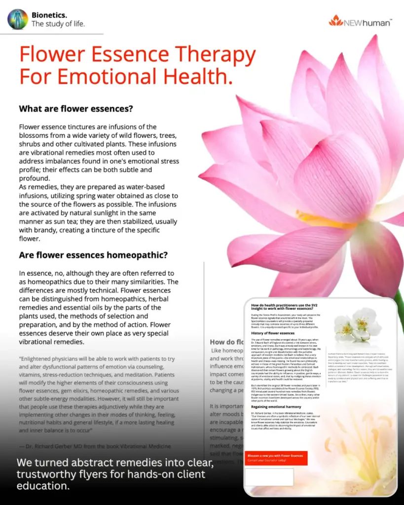 Flyer with large pink lotus graphic and copy about flower essence therapy.