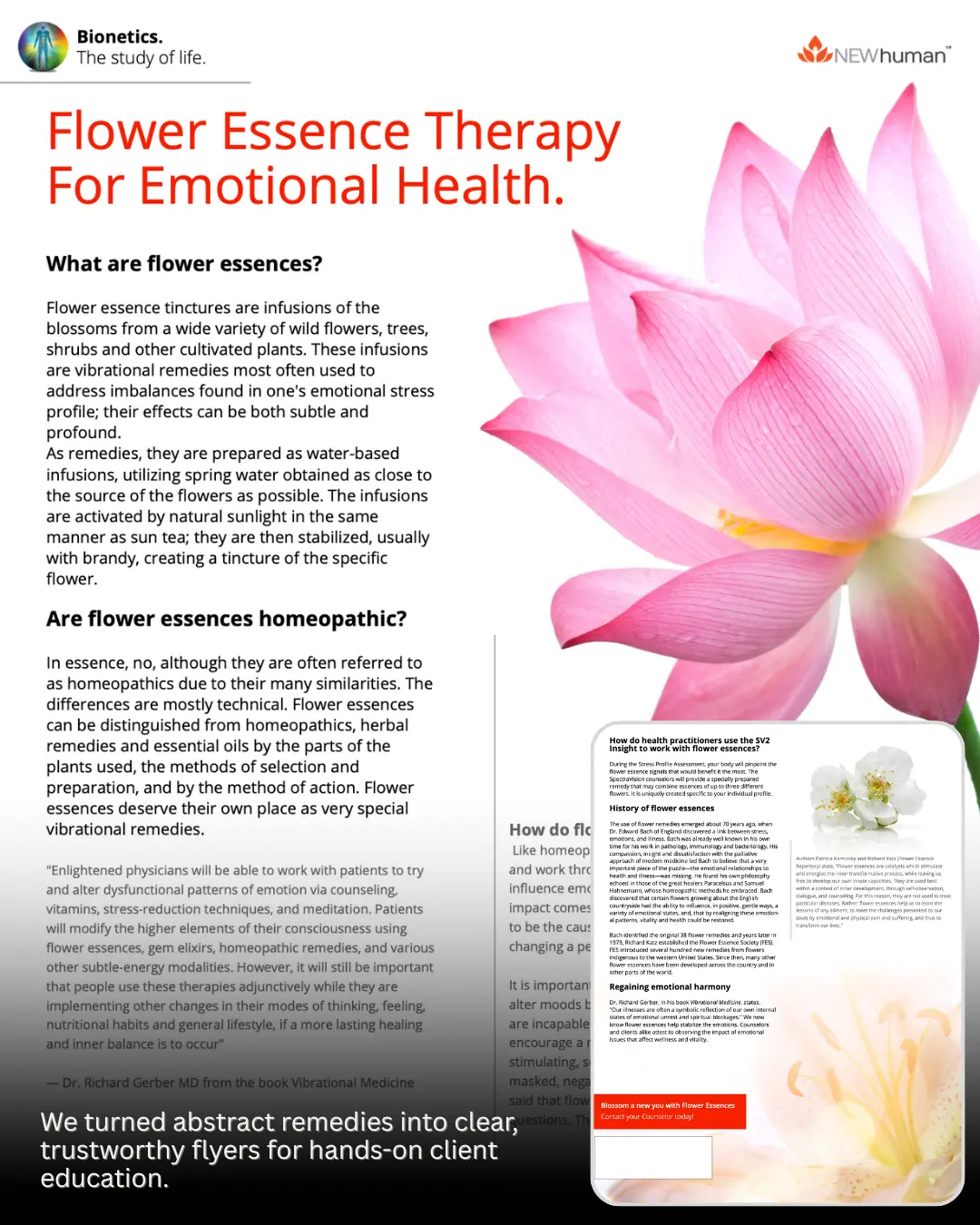 Flyer with large pink lotus graphic and copy about flower essence therapy.
