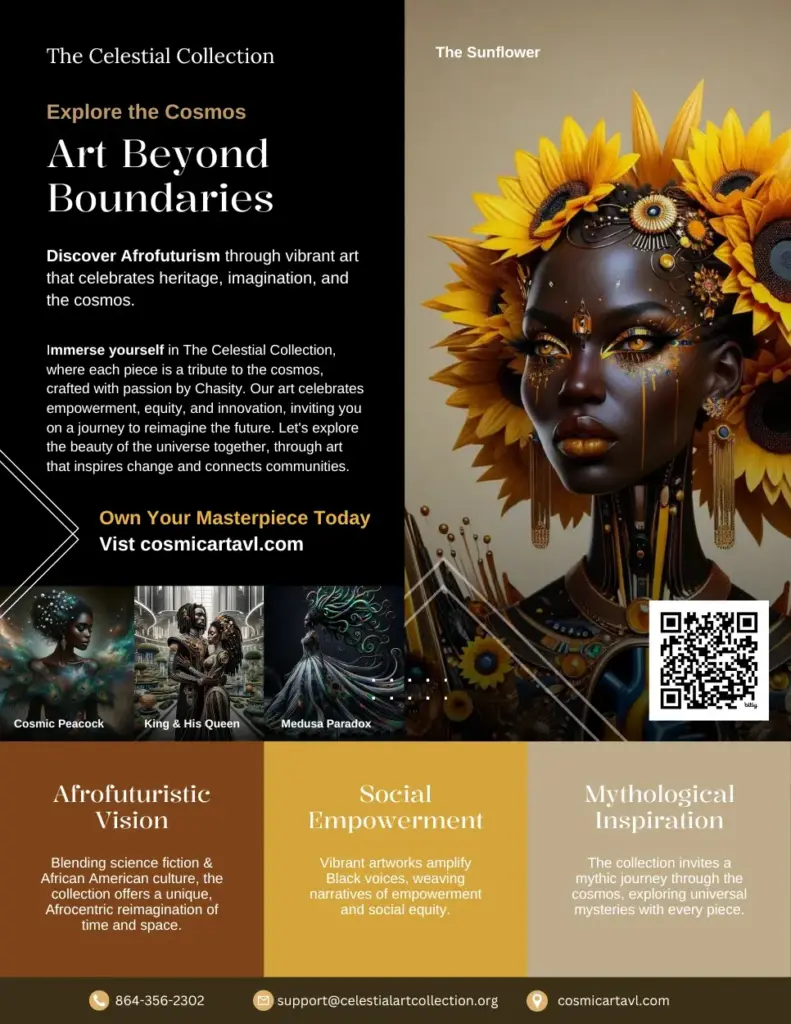 Afrofuturism-inspired art flyer with vibrant sunflower imagery and gold text.
