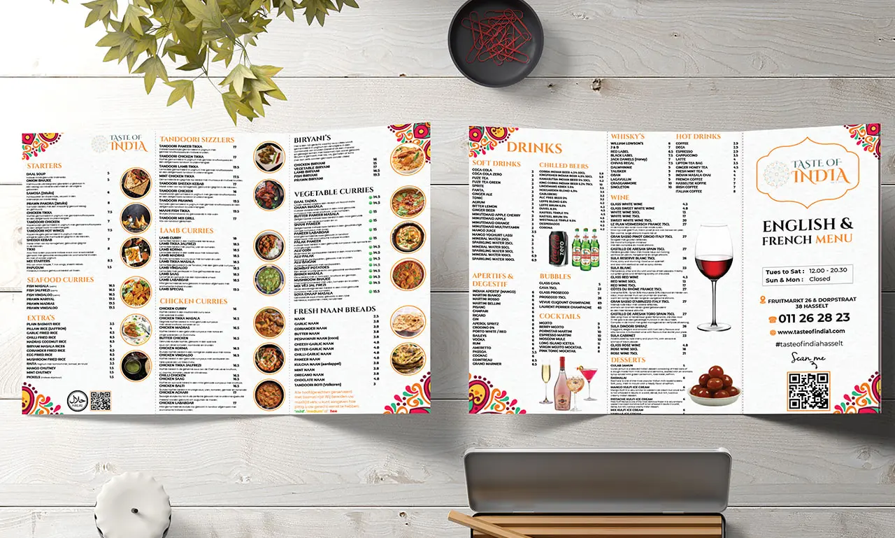 Open restaurant menu with vibrant Indian-themed design showing starters, drinks, and desserts.