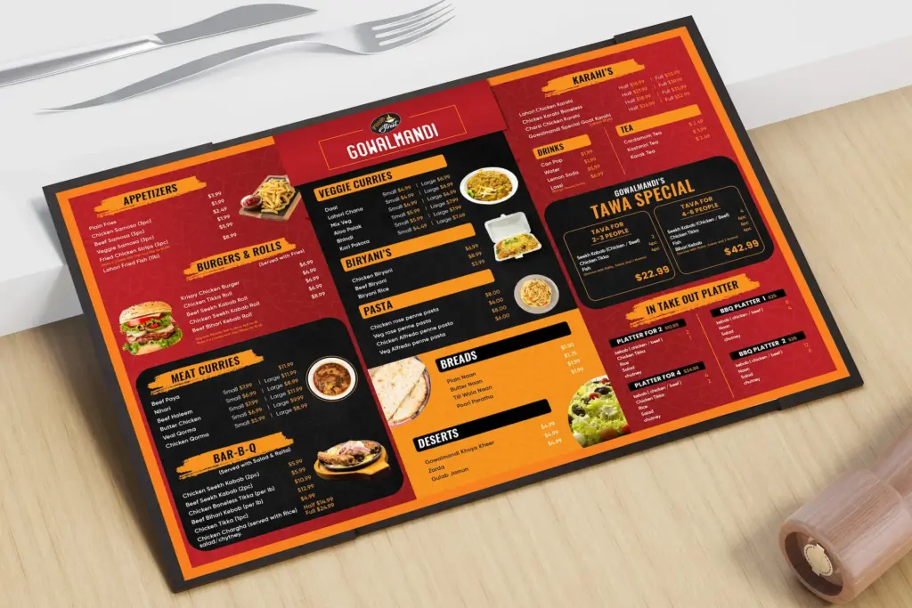 Restaurant menu design with bold red-orange palette and neatly organized categories.