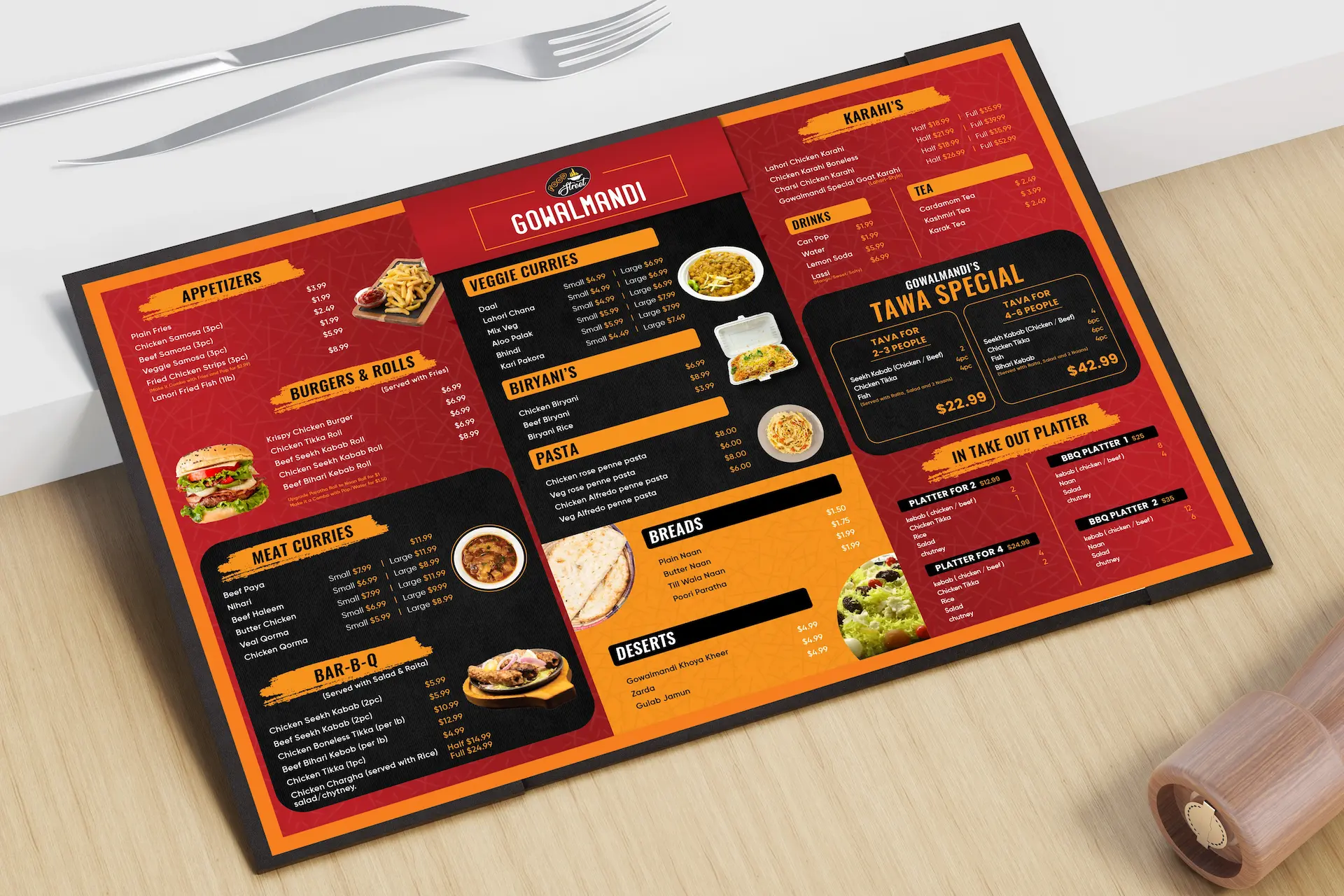 Restaurant menu design with bold red-orange palette and neatly organized categories.
