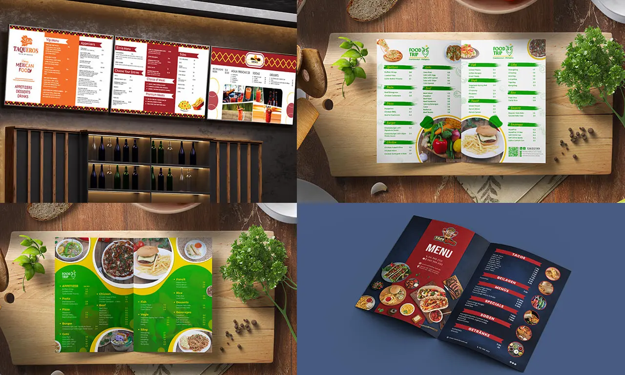 Collage of printed and digital restaurant menu designs with various layouts and color schemes.
